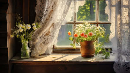 Wooden rustic window with lace curtain on a sunny day. Generative AIの素材