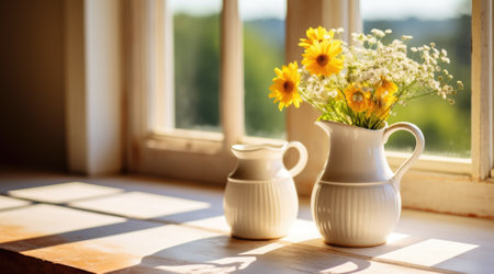 Jug with flowers at home by the window. Generative AIの素材