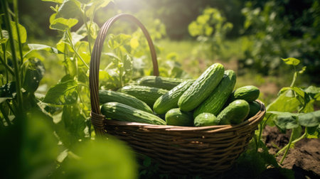 Freshly picked cucumbers in a wicker basket. Generative AIの素材