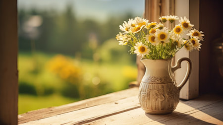 Jug with flowers at home by the window. Generative AIの素材