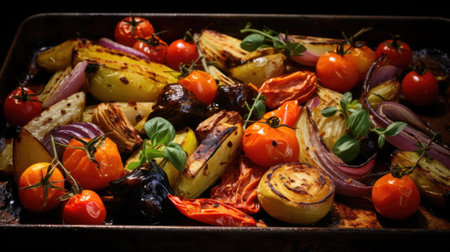 Roasted colorful autumn vegetables. Generative AIの素材