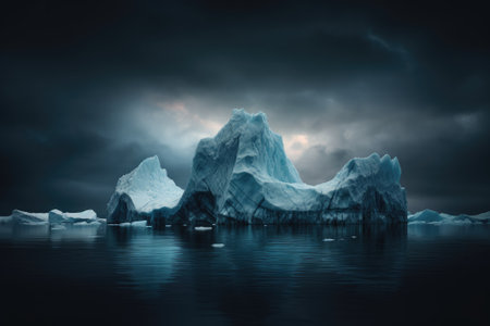 Melting glacier, blue icebergs float. Generative AIの素材