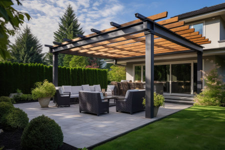 Cozy patio with sofas and a table. Pergola shade over patio. Generative AIの素材