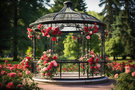 Gazebo with flowers in and garden. Generative AIの素材