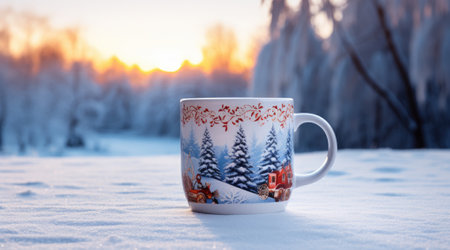 Decorated Christmas coffee mug with winter forest landscape and snow. Generative AIの素材