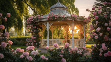 Gazebo with flowers in and garden. Generative AIの素材