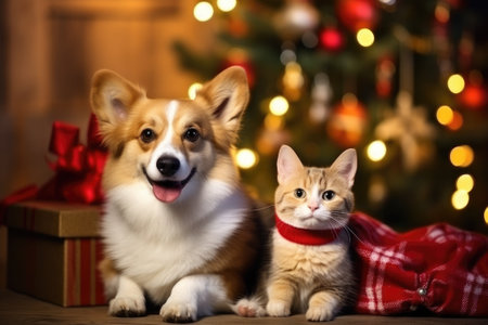 Cat and dog near the Christmas tree. Generative AIの素材