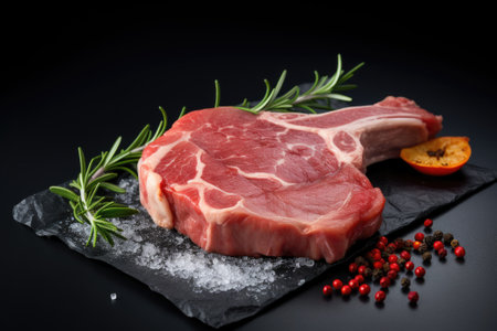 Raw pork steak with rosemary and spices. Generative AIの素材