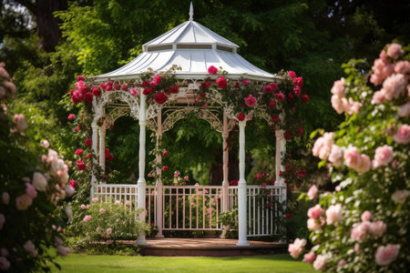 Gazebo with flowers in and garden. Generative AIの素材