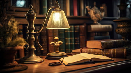 A lamp on a table in an old library. Generative AIの素材