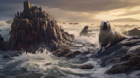 Two seals relax on a rocky outcropping. Generative AIの素材
