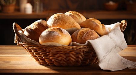 Bread and lots of fresh bread buns in a basket on a wooden table. Generative AIの素材