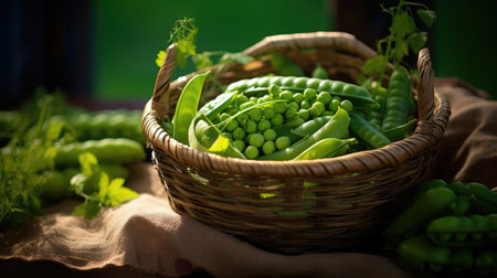 Fresh green peas in basket. Generative AIの素材