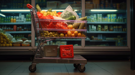 Shopping cart in grocery store full of fruits and vegetables. Generative AIの素材