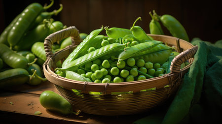 Fresh green peas in basket. Generative AIの素材