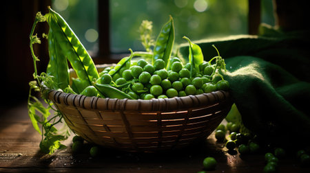 Fresh green peas in basket. Generative AIの素材