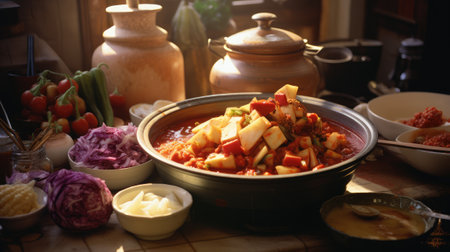 Bowl with traditional Korean kimchi fermented cabbage on table. Generative AIの素材