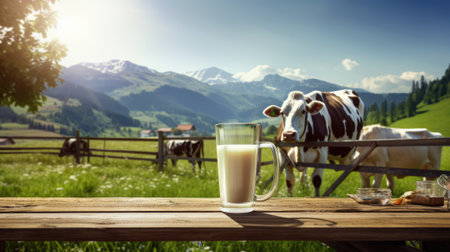 A cow near a wooden table with a glass of milk against the background of a field. Generative AIの素材