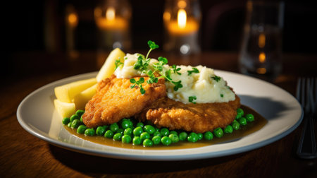 Breaded chicken escalope or chicken schnitzel with potatoes and green peas. Golden crispy fried chicken. Generative AIの素材