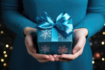 Christmas gift in the hands of a woman indoor. Generative AIの素材