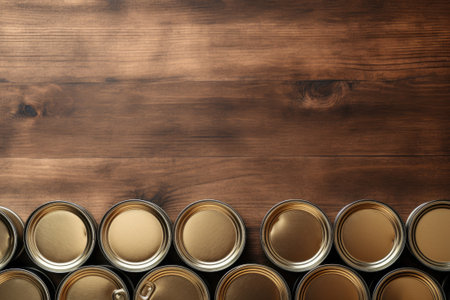 Closed tin cans on brown table. Generative AIの素材