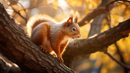 Squirrel sitting on a tree branch. Generative AIの素材