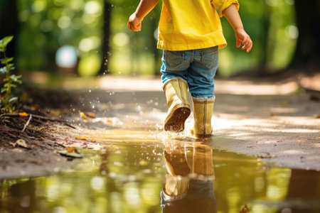 Feet of child in boots jumping over puddles in rain. Happy child. Generative AIの素材