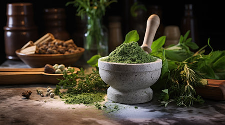 Mortar with aromatic kitchen herbs on wooden table. Generative AIの素材