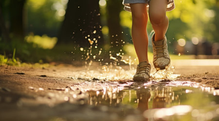 Feet of child in boots jumping over puddles in rain. Happy child. Generative AIの素材