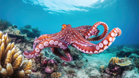 Octopus gliding through the blue ocean waters. Generative AIの素材