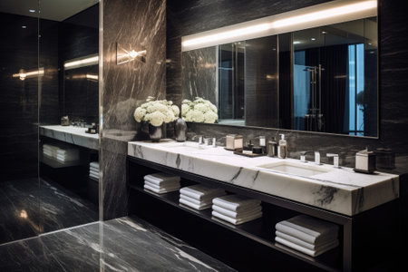 Modern relaxation bathroom with black and white marble tiles. Generative AIの素材