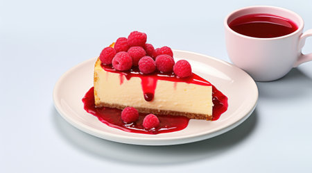 Cheesecake slice with raspberries on a white plate with a cup of coffee. Generative AIの素材