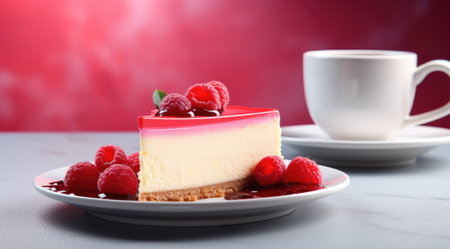 Cheesecake slice with raspberries on a white plate with a cup of coffee. Generative AIの素材