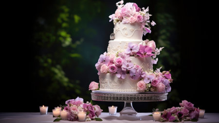 A large tiered wedding cake decorated with flowers on the table in the restaurant. Generative AIの素材