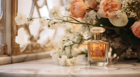 Transparent bottle of perfume on a table among flowers. Elegant luxury fragrance presentation with daylight. Generative AIの素材