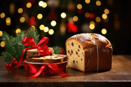 Traditional Italian Christmas cake panettone with festive decorations. Generative AIの素材