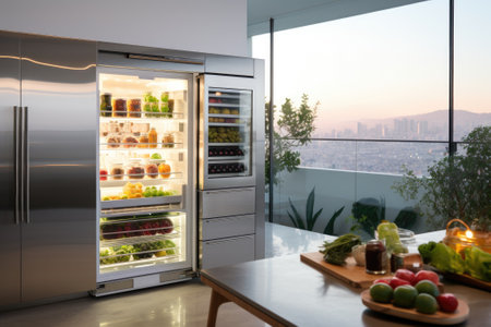 Open refrigerator with fresh vegetables and fruits in the kitchen. Generative AIの素材