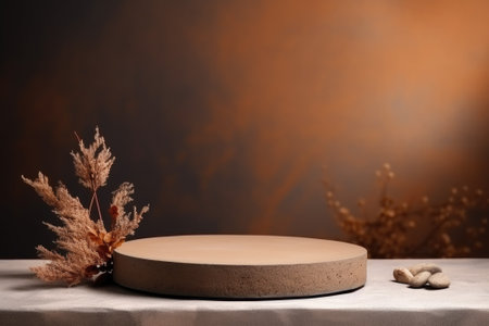 Smooth round beige colored podium. Generative AIの素材
