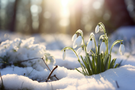 Close up of snowdrop flowers blooming in snow covering. First spring flowers. Generative AIの素材