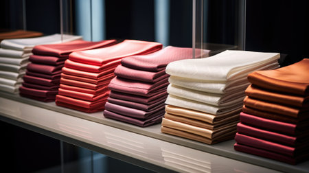 Stack of textiles at a fabric shop. Generative AIの素材