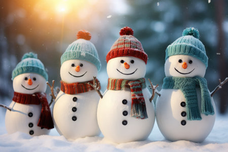 Snowman group in winter forest. Merry snowmen are standing in a snowy meadow. Generative AIの素材