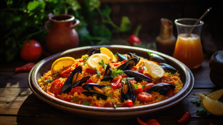 Delicious Spanish paella highlighting mussels and shrimps. Generative AIの素材