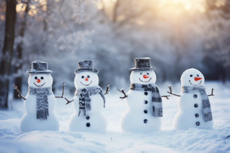 Snowman group in winter forest. Merry snowmen are standing in a snowy meadow. Generative AIの素材