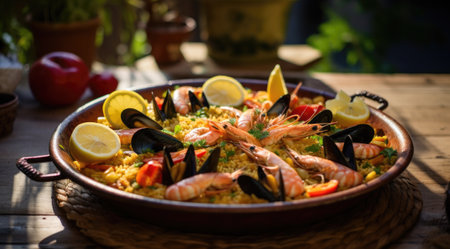 Delicious Spanish paella highlighting mussels and shrimps. Generative AIの素材