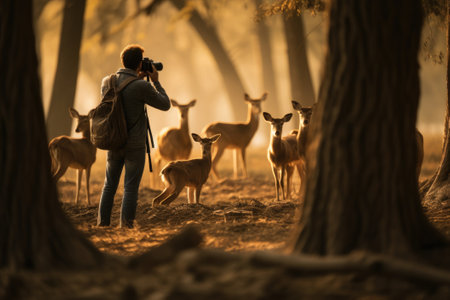 Photographer taking photo of wildlife, man with camera and deers in the natureの素材
