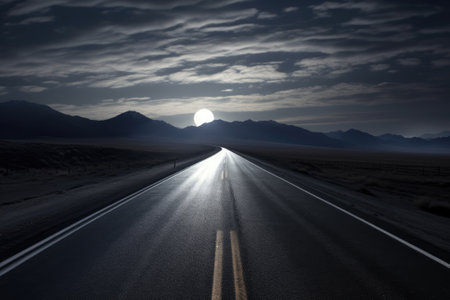 Driving on an empty asphalt road at sunsetの素材