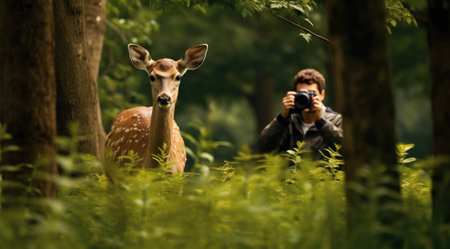 Photographer taking photo of wildlife, man with camera and deers in the natureの素材