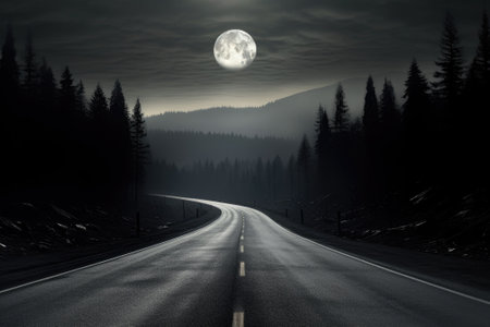Driving on an empty asphalt road towards the full moonの素材