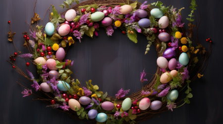 Colorful decorative Easter eggs wreath. Generative AIの素材