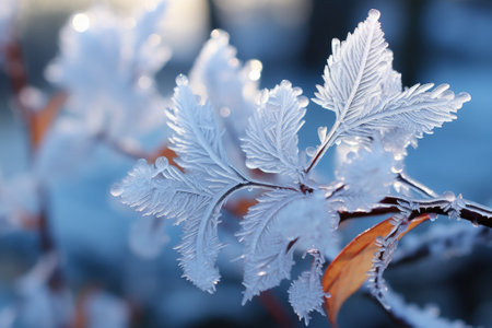 Winter scene. Frozen plant, concept of frosty nature.の素材